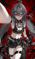 1girl absurdres ahoge arm_strap armpits bare_shoulders belt black_shirt black_shorts black_survival black_thighhighs breasts chain cleavage crop_top eternal_return:_black_survival evil_grin evil_smile garnet_(black_survival) grey_hair grin hair_between_eyes highres iron_maiden long_hair looking_at_viewer low_twintails midriff numnumhan_ningen outstretched_arm red_eyes shirt short_shorts shorts sleeveless sleeveless_shirt smile solo thighhighs thighs twintails very_long_hair