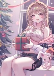 Rule 34 | 1girl, ai (sigatutoukaa), ayaginu temari, bare shoulders, black shorts, box, breasts, brown hair, christmas, christmas tree, colored inner hair, crop top, down jacket, flower knot, gift, gift box, hair ribbon, hat, highres, isekai tensei shite v ni narimashita, jacket, jewelry, large breasts, long hair, long sleeves, looking at viewer, midriff, mole, mole under eye, multicolored hair, necklace, off shoulder, open clothes, open jacket, open mouth, red eyes, ribbed shirt, ribbon, santa hat, second-party source, shirt, short shorts, shorts, sitting, sleeveless, sleeveless shirt, smile, solo, spaghetti strap, stuffed animal, stuffed rabbit, stuffed toy, thighs, underboob, virtual youtuber, white jacket, white shirt