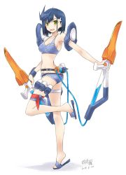 Rule 34 | 10s, 1girl, :d, bandana, bare legs, bare shoulders, blue bra, blue footwear, blue hair, blue panties, bra, breasts, collarbone, darling in the franxx, dated, flip-flops, green eyes, hair ornament, hairclip, happy, highres, holding, holding weapon, ichigo (darling in the franxx), legs, looking at viewer, open mouth, panties, sandals, short hair, signature, simelu, simple background, small breasts, smile, solo, sports bra, standing, standing on one leg, stomach, teeth, underwear, weapon, white background
