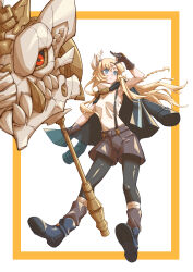 Rule 34 | 1girl, absurdres, arm up, black sclera, blonde hair, boots, braid, brown gloves, colored sclera, duel monster, ecclesia (yu-gi-oh!), facial mark, fake horns, floating hair, forehead mark, full body, gloves, grey eyes, hammer, highres, holding, holding hammer, horns, incredible ecclesia the virtuous, jacket, jacket on shoulders, long hair, maple (maple alt), pantyhose, red eyes, shirt, shorts, skull, sleeveless, sleeveless shirt, solo, suspender shorts, suspenders, yu-gi-oh!