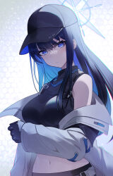 Rule 34 | 1girl, armband, bare shoulders, baseball cap, belt, black belt, black gloves, black hair, black hat, black pants, black shirt, blue archive, blue eyes, breasts, buckle, check commentary, chest harness, coat, commentary request, cowboy shot, crop top, frown, gloves, halo, harness, hat, highres, honeycomb (pattern), honeycomb background, long hair, long sleeves, looking at viewer, matsumoto tomoyohi, medium breasts, midriff, navel, no mask, off shoulder, open clothes, open coat, pants, saori (blue archive), shirt, sleeveless, sleeveless shirt, snap-fit buckle, solo, standing, underbust, white coat