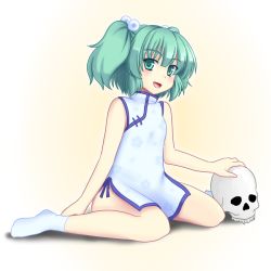 Rule 34 | 1girl, alternate costume, bare arms, bare legs, bare shoulders, blush, china dress, chinese clothes, dress, female focus, green eyes, green hair, hair bobbles, hair ornament, isaki (gomi), kisume, matching hair/eyes, open mouth, short hair, short twintails, sitting, skull, smile, socks, solo, touhou, twintails, wariza, white socks