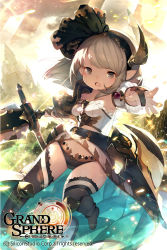 Rule 34 | 1girl, armpits, belt, black panties, black thighhighs, boots, brown eyes, brown hair, character request, cloud, commentary request, dress, grand sphere, hairband, highres, kishibe, light rays, long hair, navel, official art, open clothes, open dress, open mouth, outdoors, outstretched arm, outstretched hand, panties, pointy ears, sheath, sky, solo, standing, standing on one leg, sword, thighhighs, underwear, weapon, white dress, wind, wind lift