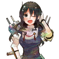 Rule 34 | 10s, 1girl, ;d, ashigara (kancolle), blouse, breasts, brown eyes, brown hair, cannon, elbow gloves, gloves, hair ornament, hairband, hand on own head, itomugi-kun, kantai collection, long hair, one eye closed, open mouth, shirt, smile, solo, turret, wavy hair, white gloves