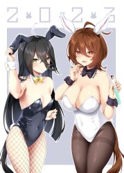 Rule 34 | 2023, 2girls, absurdres, agnes tachyon (umamusume), alternate costume, animal ears, bare shoulders, black bow, black bowtie, black hair, black leotard, bow, bowtie, breasts, brown hair, brown pantyhose, cleavage, closed mouth, covered navel, detached collar, ear covers, fake animal ears, fishnet pantyhose, fishnets, grey background, hair between eyes, highres, holding, holding test tube, horse ears, horse girl, horse tail, large breasts, leotard, long hair, looking at viewer, manhattan cafe (umamusume), multiple girls, open mouth, pantyhose, playboy bunny, rabbit ears, red eyes, ryochapu, short hair, small breasts, smile, tail, test tube, two-tone background, umamusume, white background, white leotard, yellow bow, yellow bowtie, yellow eyes