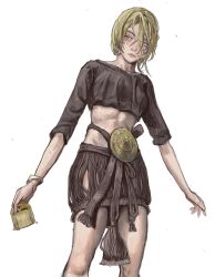Rule 34 | 1girl, blonde hair, blue eyes, body freckles, bracelet, breasts, buckle, comb, cropped shirt, expressionless, feet out of frame, freckles, hair between eyes, highres, holding, holding comb, jewelry, medium hair, midriff, mossacannibalis, original, pale skin, rope belt, shirt, simple background, skirt, small breasts, solo, standing, white background