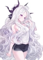 Rule 34 | 1girl, absurdres, adjusting hair, bare shoulders, black ribbon, black shorts, blue archive, breasts, cowboy shot, demon horns, hair ribbon, highres, hina (blue archive), horns, kapa19, long hair, looking at viewer, multiple horns, parted bangs, purple eyes, purple horns, ribbon, shirt, short shorts, shorts, silver hair, simple background, sleeveless, small breasts, solo, standing, tank top, very long hair, white background, white shirt, white tank top
