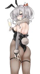 Rule 34 | 1girl, alternate costume, animal ears, ass, black leotard, blue eyes, breasts, bridal gauntlets, champagne flute, chigasaki yukari, cup, drinking glass, feet out of frame, fur scarf, grey hair, highres, kantai collection, kashima (kancolle), leotard, looking at viewer, looking back, medium breasts, pantyhose, playboy bunny, rabbit ears, rabbit tail, sidelocks, simple background, solo, standing, strapless, strapless leotard, tail, twintails, wavy hair, white background