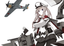 Rule 34 | 10s, 1girl, aircraft, airplane, black gloves, black skirt, blue eyes, breasts, capelet, closed mouth, gloves, graf zeppelin (kancolle), grey hair, hair between eyes, hat, kantai collection, large breasts, long hair, long sleeves, looking at viewer, mikoto (oi plus), military, military uniform, military vehicle, pantyhose, peaked cap, pleated skirt, rigging, simple background, skirt, smile, solo, twintails, uniform, white background