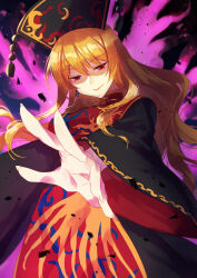 1girl black_dress black_hat blue_background breasts chinese_clothes closed_mouth cowboy_shot crescent crescent_print dalachi_(headdress) dress energy evil_smile fingernails hair_between_eyes hat junko_(touhou) kirisita long_fingernails long_hair long_sleeves looking_down mandarin_collar medium_breasts neck_ribbon one-hour_drawing_challenge orange_hair phoenix_print pom_pom_(clothes) red_eyes red_tabard ribbon sidelocks simple_background smile solo standing tabard tassel touhou wide_sleeves yellow_ribbon