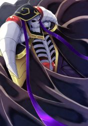 Rule 34 | 1boy, ainz ooal gown, armor, hat, highres, horns, izu (tea value lord), lich, male focus, overlord (maruyama), red eyes, robe, shoulder armor, skeleton, solo, white background