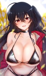 Rule 34 | 1girl, azur lane, bikini, black bikini, blush, breasts, checkered background, choker, cleavage, collar, collarbone, emirio (emirio110), hair between eyes, highres, jacket, large breasts, long hair, looking at viewer, midriff, navel, off shoulder, official alternate costume, one side up, open clothes, open jacket, open mouth, red eyes, red jacket, skindentation, solo, swimsuit, taihou (enraptured companion) (azur lane), underboob