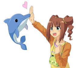 Rule 34 | 1girl, animal, bag, blonde hair, blush, brown hair, crossover, dolphin, green eyes, hair ornament, heart, high five, idolmaster, idolmaster (classic), kairu the dolphin, kozou (rifa), microsoft, microsoft office, office assistant, open mouth, simple background, solo, takatsuki yayoi, twintails