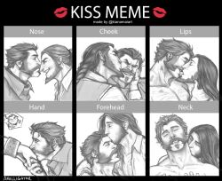 Rule 34 | 2boys, analligator, artist name, bara, beard, closed eyes, english text, facial hair, french kiss, graves (league of legends), greyscale, highres, kiss, kiss chart, kissing cheek, kissing forehead, kissing hand, kissing neck, kissing nose, league of legends, long hair, male focus, meme, monochrome, multiple boys, multiple drawing challenge, short hair, tongue, tongue out, twisted fate, upper body, yaoi
