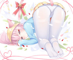 Rule 34 | 1girl, all fours, anal tail, animal ears, azur lane, bell, cat ears, cat tail, chinese commentary, commentary request, fake tail, fengli (709622571), hat, highres, kindergarten uniform, kisaragi (azur lane), looking at viewer, panties, panties over pantyhose, pantyhose, pink eyes, pink hair, ribbon, school hat, school uniform, tail, tail ornament, tail ribbon, underwear, white panties, white pantyhose