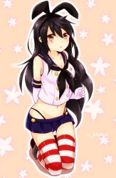 Rule 34 | 1girl, black hair, brown eyes, cosplay, gloves, hairband, haruna (kancolle), kantai collection, long hair, patterned legwear, red stripes, sailor collar, shimakaze (kancolle), shimakaze (kancolle) (cosplay), solo, striped clothes, striped thighhighs, thighhighs, two-tone stripes, umino (anesthesia), white stripes, zettai ryouiki