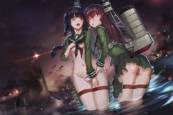 Rule 34 | 10s, 2girls, absurdres, aircraft, airplane, ass, bad id, bad pixiv id, black hair, blush, breasts, highres, hip focus, kantai collection, kitakami (kancolle), mecha musume, medium breasts, multiple girls, navel, one eye closed, ooi (kancolle), panties, personification, purple eyes, red eyes, red hair, ship, thigh strap, thighhighs, torn clothes, underboob, underwear, wading, water, watercraft, wet, yykuaixian