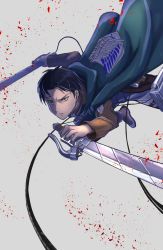 Rule 34 | 1boy, absurdres, black eyes, black hair, blood, boots, cape, commentary request, curtained hair, dual wielding, emblem, highres, holding, incoming attack, jacket, levi (shingeki no kyojin), long sleeves, looking at viewer, male focus, military, military uniform, paradis military uniform, pyuuki109, shingeki no kyojin, short hair, simple background, solo, survey corps (emblem), sword, three-dimensional maneuver gear, uniform, weapon