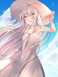 Rule 34 | 1girl, absurdres, braid, dress, hat, highres, hilda (stella glow), long hair, open mouth, sky, solo, standing, stella glow, sundress, white dress, white hair, yellow eyes, zyoto24