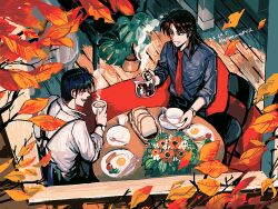 Rule 34 | 2boys, artist name, autumn leaves, black eyes, black hair, bread, brown hair, chair, closed eyes, closed mouth, coffee cup, coffee pot, commentary request, cup, dated, disposable cup, falling leaves, flower, folding chair, food, fork, fried egg, from above, full body, grey shirt, holding, holding coffee pot, holding cup, ichijou seiya, joukyou seikatsuroku ichijou, kaiji, knife, leaf, long hair, looking at another, male focus, medium bangs, multiple boys, murakami tamotsu, necktie, open mouth, orange flower, red necktie, shirt, short hair, sleeves rolled up, smile, spoon, steam, table, unknown03162