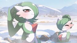 Rule 34 | 2girls, :&gt;, ^ ^, blue sky, blush, bob cut, breasts, closed eyes, closed mouth, colored skin, creatures (company), day, facing viewer, female focus, game freak, gardevoir, gen 3 pokemon, grapeanime, green hair, green skin, hair bun, hair over one eye, half-closed eyes, hand in own hair, hand up, happy, highres, looking at viewer, mountain, multicolored skin, multiple girls, navel, nintendo, no nipples, one eye covered, onsen, outdoors, partially submerged, pokemon, pokemon (creature), pokemon legends: arceus, red eyes, short hair, single hair bun, sky, small breasts, smile, snow, standing, two-tone skin, upper body, water, white skin