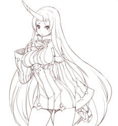 Rule 34 | 10s, 1girl, abyssal ship, breasts, claws, detached sleeves, dress, horns, kantai collection, kugi ta hori taira, large breasts, long hair, looking at viewer, monochrome, ribbed dress, seaport princess, short dress, sideboob, single horn, solo, sweater, sweater dress, very long hair