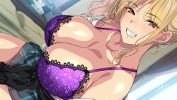 Rule 34 | 1girl, bed, blonde hair, blush, bra, breasts, cleavage, clenched teeth, clothes around waist, ecchi na gal ni sasowarete, female focus, gyaru, hayashi cherry, head tilt, highres, indoors, large breasts, legs, long hair, looking at viewer, mole, mole under eye, open clothes, open shirt, original, red eyes, side ponytail, sitting, skirt, smile, solo, teeth, thighs, underwear