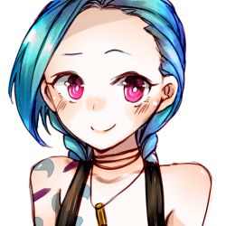 Rule 34 | 1girl, blue hair, braid, female focus, jinx (league of legends), league of legends, pink eyes, simple background, smile, solo, tao tao mao, tattoo, twin braids, white background