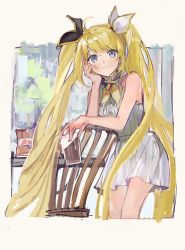 Rule 34 | 1girl, ahoge, black ribbon, blonde hair, blue eyes, border, brooch, chair, cup, grey shirt, hair ribbon, head on hand, head rest, highres, holding, holding cup, jewelry, long hair, looking at viewer, neckerchief, nijisanji, nijisanji id, pleated skirt, pyongtaro, ribbon, shirt, skirt, sleeveless, sleeveless shirt, smile, solo, standing, table, twintails, very long hair, virtual youtuber, white ribbon, white skirt, yellow neckerchief, zea cornelia