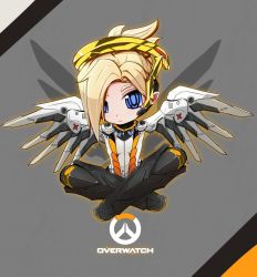 Rule 34 | 1girl, blonde hair, blue eyes, chibi, copyright name, english text, frown, hair over one eye, highres, indian style, mechanical wings, mercy (overwatch), overwatch, overwatch 1, pout, sharatang, sitting, solo, wings
