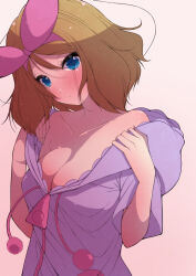 Rule 34 | 1girl, bare shoulders, blue eyes, blush, bow, breasts, brown hair, cleavage, collarbone, creatures (company), fujiwara hiro (kaede ciao), game freak, hair bow, hair ornament, highres, large breasts, light brown hair, looking at viewer, nintendo, pajamas, pink background, pink pajamas, pokemon, pokemon (anime), pokemon xy (anime), serena (pokemon), short hair, simple background, solo