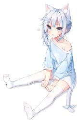 Rule 34 | 1girl, :o, absurdres, animal ear fluff, animal ears, beliatan, blue eyes, blue shirt, blush, cat ears, cat girl, cat tail, collarbone, commentary, full body, gawr gura, heart, highres, hololive, hololive english, long sleeves, looking at viewer, no shoes, off shoulder, open mouth, ribbon, shirt, simple background, single bare shoulder, sitting, solo, spread legs, striped, symbol-only commentary, tail, tail ornament, tail ribbon, thighhighs, virtual youtuber, white background, white thighhighs