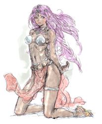 Rule 34 | 1girl, :p, absurdres, bikini, bracelet, breasts, circlet, dancer&#039;s costume (dq), dark-skinned female, dark skin, dragon quest, dragon quest iv, earrings, highres, jewelry, loincloth, long hair, looking at viewer, manya (dq4), navel, pelvic curtain, purple eyes, purple hair, simple background, solo, swimsuit, tongue, tongue out, white background, yasuda akira