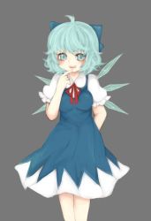 Rule 34 | 1girl, bad id, bad pixiv id, blue eyes, blue hair, bow, breasts, cirno, dress, dress shirt, finger to mouth, hair bow, highres, ice, ice wings, matching hair/eyes, medium breasts, open mouth, ribbon, shirt, short hair, smile, solo, touhou, wings