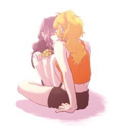 Rule 34 | 2girls, amputee, animal ears, bare arms, black hair, blake belladonna, blonde hair, cat ears, cat girl, closed eyes, couple, facing another, faunus (rwby), hand on another&#039;s hand, hand on hand, high ponytail, highres, imminent kiss, kiss, legs together, long hair, midriff, multiple girls, orange shirt, parted lips, ponytail, prosthesis, prosthetic arm, rwby, shirt, shorts, sitting, tank top, toutetsu mon, yang xiao long, yuri