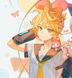 Rule 34 | 1boy, 1girl, aqua eyes, bass clef, black sleeves, blonde hair, bow, ciloranko, closed mouth, collaboration, cosplay, creature, creature on shoulder, crossover, detached sleeves, eyebrows hidden by hair, hair between eyes, hand to head, headset, highres, holding hands, interlocked fingers, kagamine len, kagamine rin, light smile, looking at viewer, male focus, microphone, my melody, my melody (cosplay), necktie, on shoulder, onegai my melody, orange bow, sailor collar, sailor shirt, sanrio, shirt, short sleeves, solo focus, spiked hair, symmetry, vocaloid, white background, white shirt, yellow necktie