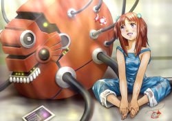 Rule 34 | 10s, barefoot, blush, capri pants, dirty, dirty feet, feet, feet together, fish, galilei donna, hands on feet, hozuki ferrari, indian style, naked overalls, overalls, pants, pants rolled up, red hair, saiun nagisa, sitting, solo, tablet pc