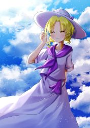 Rule 34 | 1girl, ^ ^, absurdres, blonde hair, blouse, blue sky, bow, closed eyes, closed mouth, cloud, cloudy sky, commentary request, day, happy, hat, hat bow, highres, louise (touhou), low twintails, neckerchief, nettian51, outdoors, purple bow, purple neckerchief, purple sailor collar, purple sash, sailor collar, sash, shirt, short sleeves, skirt, skirt set, sky, smile, sun hat, touhou, touhou (pc-98), twintails, upper body, white hat, white shirt, white skirt