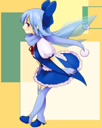 Rule 34 | 1girl, adapted costume, blue eyes, blue gloves, blue hair, blue thighhighs, blush, boots, bow, cirno, coattails, dress shirt, flat chest, gloves, hair bow, highres, ice, ice wings, leg warmers, matching hair/eyes, puffy short sleeves, puffy sleeves, ribbon, scarf, shirt, shoes, short hair, short sleeves, shou-chan, skirt, smile, solo, tailcoat, thighhighs, touhou, vest, wings