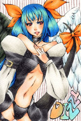 Rule 34 | 1girl, arc system works, asymmetrical wings, blue hair, breasts, choker, cleavage, dizzy (guilty gear), guilty gear, midriff, red eyes, ribbon, solo, tail, tail ornament, tail ribbon, wings