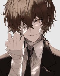Rule 34 | 1boy, bandaged arm, bandaged head, bandages, black necktie, brown eyes, brown hair, bungou stray dogs, collared shirt, dazai osamu (bungou stray dogs), hair between eyes, highres, long sleeves, looking at viewer, male focus, necktie, nozz177, shirt, short hair, smile, solo, white shirt
