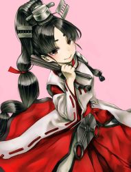 Rule 34 | 1girl, arm up, black hair, blue eyes, blush, brown eyes, closed mouth, folding fan, hair ornament, hand fan, headgear, high ponytail, holding, holding fan, japanese clothes, kantai collection, kurou (bcrow), long hair, long sleeves, looking at viewer, miko, multi-tied hair, nisshin (kancolle), pink background, ponytail, ribbon, ribbon-trimmed sleeves, ribbon trim, short eyebrows, simple background, smile, solo, very long hair, wide sleeves