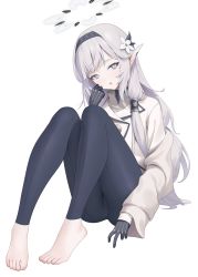Rule 34 | 1girl, aya (lezon), barefoot, black gloves, black hairband, black pants, blue archive, earclip, feet, flower, full body, gloves, grey hair, hair flower, hair ornament, hairband, halo, highres, himari (blue archive), jacket, knees up, long hair, long sleeves, mole, mole under eye, open clothes, open jacket, pants, pointy ears, sideways glance, simple background, sitting, solo, toes, very long hair, white background, white flower