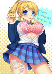Rule 34 | 10s, 1girl, 2015, :p, absurdres, ayase eli, bad id, bad pixiv id, blonde hair, blue eyes, bra, breasts, cake, dated, english text, food, food on body, food on clothes, happy birthday, heart, highres, lace, lace-trimmed bra, lace trim, large breasts, looking at viewer, love live!, love live! school idol project, mashuu (neko no oyashiro), open clothes, open shirt, pink bra, ponytail, scrunchie, shirt, solo, strawberry shortcake, tongue, tongue out, underwear, whipped cream