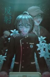 Rule 34 | 3boys, ahoge, amami rantaro, black jacket, buttons, clenched teeth, collared shirt, danganronpa (series), danganronpa v3: killing harmony, double-breasted, dual persona, flower, green hair, hair between eyes, hat, highres, indoors, jacket, kiki witch, long sleeves, male focus, multiple boys, necktie, saihara shuichi, shirt, short hair, striped clothes, striped jacket, striped necktie, tears, teeth, translation request, white flower