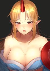 Rule 34 | 1girl, bad id, bad pixiv id, black background, blonde hair, blue kimono, blush, breasts, cleavage, collarbone, cup, drunk, fang, half-closed eyes, highres, horns, hoshiguma yuugi, hoshiguma yuugi (kimono), japanese clothes, kimono, large breasts, long hair, no bra, off shoulder, open mouth, pointy ears, red eyes, sakazuki, sidelocks, simple background, single horn, solo, touhou, upper body, wavy mouth, yayoi maka