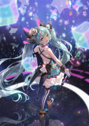 Rule 34 | 1girl, aqua eyes, aqua hair, arm strap, backless dress, backless outfit, bare shoulders, black legwear, breasts, collar, commentary, dress, facial mark, frilled collar, frilled dress, frills, from behind, full body, glowing, hair between eyes, hair ornament, hat, hatsune miku, high heels, highres, long hair, looking at viewer, looking back, magical mirai miku, magical mirai miku (2019), microphone, microphone stand, mini hat, open mouth, outstretched arms, ouu min, reflection, small breasts, smile, solo, standing, star (symbol), striped clothes, striped legwear, striped thighhighs, thighhighs, twintails, vertical-striped clothes, vertical-striped thighhighs, very long hair, vocaloid, white hat, white legwear, wrist cuffs