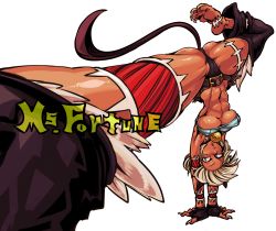 Rule 34 | 1girl, animal ears, armpits, ass, bad id, bad pixiv id, barefoot, bell, belt, blue eyes, bob cut, breasts, cameltoe, cat ears, cat tail, character name, dark-skinned female, dark skin, english text, fang, fingerless gloves, fingernails, gloves, handstand, highres, kicking, large breasts, midriff, ms. fortune (skullgirls), navel, partially visible vulva, scar, sharp fingernails, sharp toenails, short hair, shorts, simple background, skullgirls, soles, solo, tagane, tail, toenails, underboob, upside-down, white background, white hair