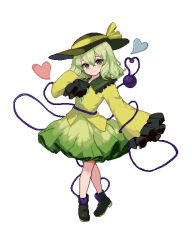 Rule 34 | 1girl, black footwear, black hat, buttons, closed mouth, collared shirt, commentary, diamond button, frilled shirt collar, frilled sleeves, frills, full body, green eyes, green hair, green skirt, hair between eyes, hat, hat ribbon, heart, heart of string, kani nyan, komeiji koishi, pixel art, ribbon, shirt, shoes, short hair, simple background, skirt, sleeves past fingers, sleeves past wrists, smile, solo, third eye, touhou, white background, wide sleeves, yellow ribbon, yellow shirt
