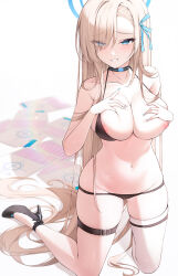 Rule 34 | 1girl, absurdly long hair, asuna (blue archive), bikini, bikini pull, black bikini, blonde hair, blue archive, blue eyes, breasts, clothes pull, full body, groin, hair over one eye, hair ribbon, halo, halterneck, hands on own chest, high heels, highres, infinity (kkx132), kneeling, large breasts, long hair, navel, nipples, parted lips, ribbon, simple background, single thighhigh, smile, solo, stomach, string bikini, swimsuit, thigh strap, thighhighs, thighs, very long hair, white background, white thighhighs